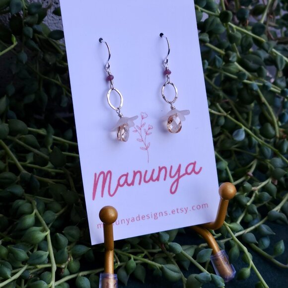 Dangle Flower Earrings - Champagne Cubic Zirconia & Lucite Petals | Sterling Sil - Picture 1 of 4